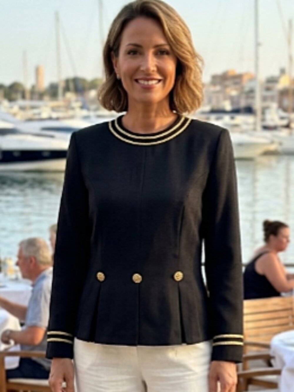 Vintage Le Maison Carroll Petites Nautical Blazer Style Blouse Black Gold Trim M